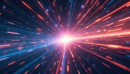 Poster - Lightspeed travel illustration. Galaxy, cosmos exploration. Generative AI art. Abstract speed light trails with neon glow, burst explosion effect. Futuristic hyper warp motion.