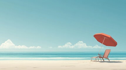 Aufkleber - Relaxing beach setting with a lounge chair and umbrella under clear blue skies and gentle ocean waves. Generative AI