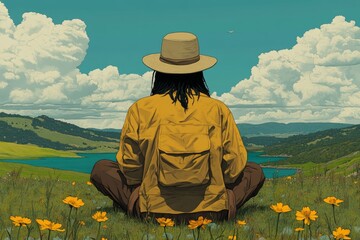 A digital anime art piece featuring a man sitting with flowers in front of a serene lake