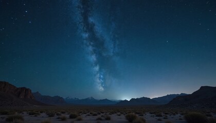 Wall Mural - night desert landscape beneath starry sky. milky way galaxy lights up mountains. nature background f