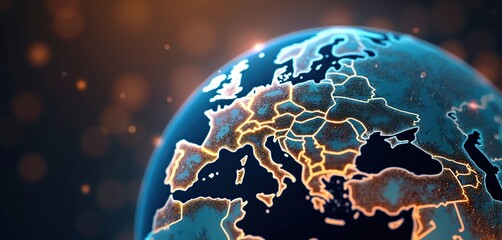 Fototapete - Digital world globe centered on Europe. Global network, Earth connectivity. Data transfer, cyber tech, info exchange, international telecom, EU business, finance abstract modern transaction.