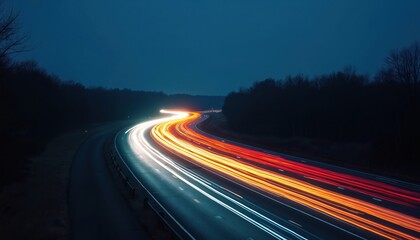Aufkleber - Long exposure light trails on highway at night. Abstract red and white blurred car headlights and tail lights motion. Scenic dusk landscape and dark forest background.