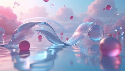 Poster - Abstract 3D scene. Transparent ribbon on water with floating geometric circles, spheres. Modern design with crystal, blue, purple colors, holographic pattern. Luxury decoration, graphic render,