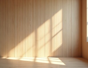 Fototapete - plywood wall, wood floor background with light window shadow. empty interior wood texture. parquet n