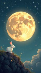 Poster - Illustration of a white rabbit sitting on rocks under full moon and stars. Sky background. Magic night scene concept for greeting card or poster. Easter bunny character.