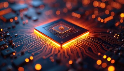 Leinwandbilder - Extreme close-up of quantum processor chip with glowing orange superconducting qubits, complex quantum computing architecture. Modern tech detail futuristic technology for science, computing,
