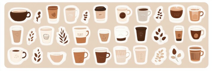 Poster - Exploring a vibrant collection of style coffee cup stickers featuring various designs and colors for caffeine enthusiasts. Generative AI