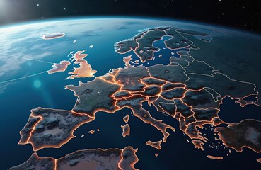 Fototapete - Europe from space with glowing network connections. Global internet via telecommunication satellite in low earth orbit. Digital connectivity and data transmission concept at night.