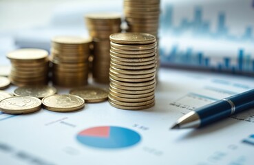 Poster - Financial diagram with stacks of golden coins and pen. Business report charts and graphs, investment data, market analysis for financial growth and success planning. Office desktop.