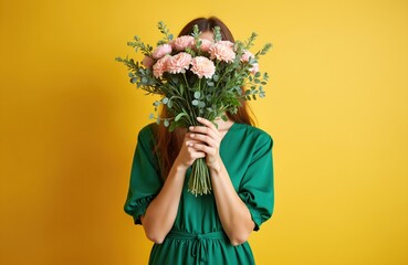 Wall Mural - Woman holds bouquet covering her face. Lady in green dress poses with flowers against yellow backdrop. Perfect gift for celebration, birthday, or anniversary. Beauty concept.