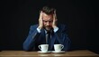 © miss irine - Stressed businessman in suit sits table with cups. Man expresses frustration, sorrow. Problems, trouble, emotions, stress management, concentration at work, burnout, deadline.