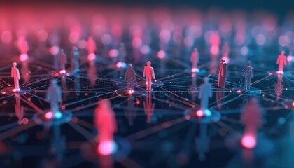 Fototapete - Illustration of interconnected people icons on conceptual social network background. Stylized human figures linked by neon lines. Futuristic tech connections, communication, global community, data