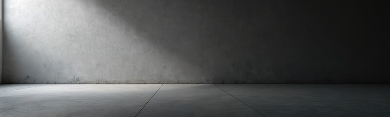 Aufkleber - Panorama of concrete floor and wall backgrounds in empty dark room. Simple interior with light spot from window is suitable for product display or architectural design demo.