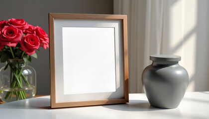 Wall Mural - Decorative vase and empty frame with roses in soft light