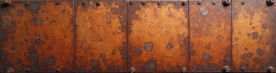 Aufkleber - Grunge rusty orange brown metal corten steel texture. Stone background banner panorama. Shabby weathered old aged vintage rustic retro wall surface with bolts.