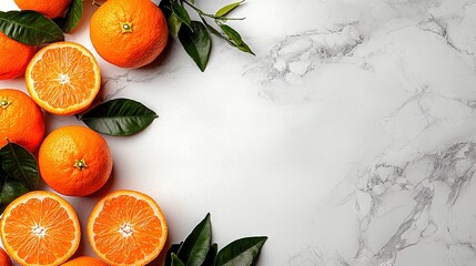 Wall Mural -   Oranges arranged on a white marble surface with green leaves above them