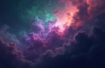 Wall Mural - colorful space scene illustration with purple, green, pink nebula clouds. starry night background wi