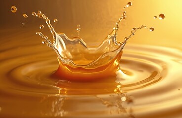 Poster - Closeup photo of golden liquid splash with crown and ripples. Luxury, elegance, premium fluid, beverage concept. Natural fresh organic juice, honey or oil texture background.