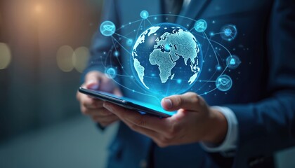 Fototapete - Businessman using smartphone with digital global marketing concepts. Virtual globe with social networks, mobile applications, email, light waves. Integration, worldwide communication, futuristic
