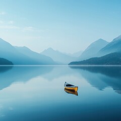Aufkleber - Lone kayak gliding on a serene mountain lake surrounded by majestic peaks in the early morning light. Generative AI