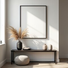 Aufkleber - Square frame mockup in matte black, hanging on white wall in hallway. Console table with decor, vase, fluffy pouf, sunlight. Template for art, picture or poster.