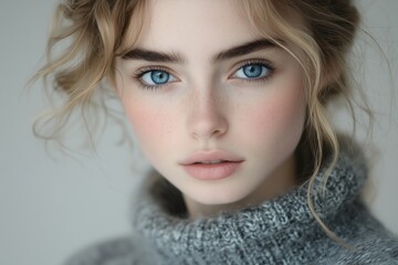 Wall Mural - A close-up portrait of a young woman with striking blue eyes and natural makeup.