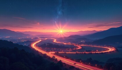 Fototapete - Illustration of night highway weaving through landscape against sunset sky. Car lights motion blur, fast speed movement, travel direction background. Generative AI art shows long exposure asphalt
