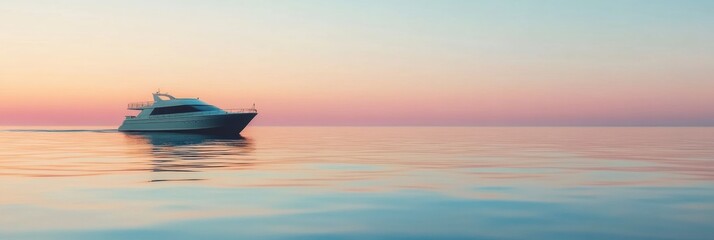 Poster - Luxury yacht glides smoothly across tranquil waters at sunset in a serene coastal landscape. Generative AI