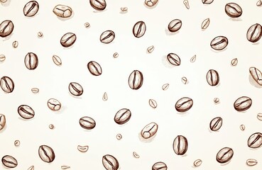 Illustration of coffee beans pattern on white background. Tiny line drawing, minimalist style. Seamless wallpaper, brown color, art print for cafe or coffee shop.