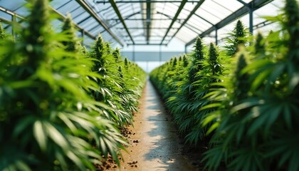 Commercial cannabis cultivation in greenhouse. Rows of rich green plants, buds. Herbal medicine agriculture industry. Indoor cannabis farming, organic horticulture, medicinal crop. Legal hemp harvest.