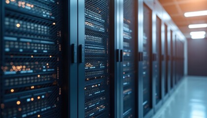 Poster - Illustration modern server room interior. Multiple server racks, network infrastructure, data processing, storage. Digital tech, high tech, cyberspace, cloud computing, data center concept. Perfect