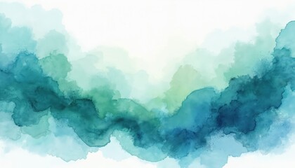 Poster - Soothing blue, green, teal watercolor pattern. Blended colors create calm art template. Soft abstract flow for fresh background. Design suits relaxation, meditation themes.