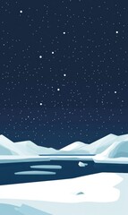 Poster - Night sky over a tranquil polar landscape with snow covered mountains and sparkling stars above the icy waters. Generative AI