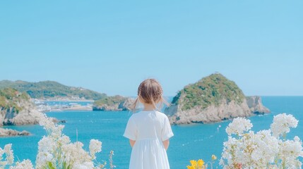 girl gazing at coastal view, summer vacation