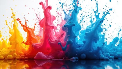Poster - Bright CMYK color splashes. Cyan, magenta, yellow pigment clouds, ink injection for creative design, print. Abstract liquid water explosion background. Vivid rainbow explosion.