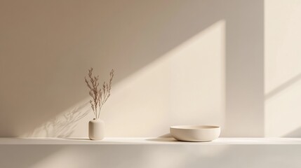 Poster - Soft shadows play on a minimalist shelf holding a vase and a bowl, creating a serene atmosphere in daylight. Generative AI