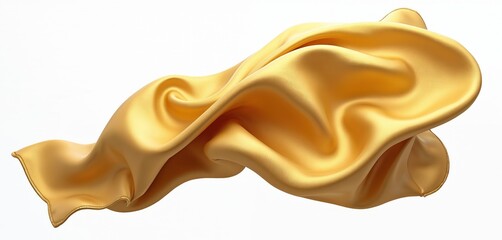 Poster - Golden silk fabric flying on white background. 3D render illustration of gold satin textile floating with wavy shape and smooth soft texture. Elegant luxury material.
