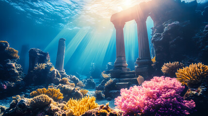 Wall Mural - Sunlight filters through the ocean surface, illuminating ancient temple ruins surrounded by vibrant coral reefs in a tranquil underwater scene. Underwater Temples. Illustration