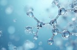 Close-up of transparent water molecule structure on blue background. Molecular biology science research nanotechnology backdrop. Useful for medical, healthcare, cosmetic industry product demo.