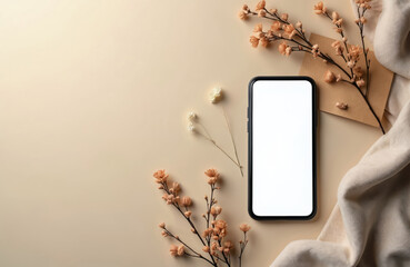 Poster - Mockup of blank screen mobile phone with copy space. Beige neutral background with dry floral branch, beige blanket. Minimal aesthetic business brand template for blog showcase.