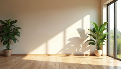 Aufkleber - Modern loft interior with wooden floor, light walls, big window to garden. Scandinavian design. Green plants in pots, soft light from window, comfortable atmosphere, copy space area.