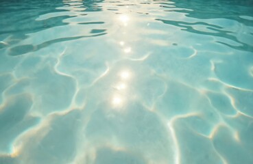 Wall Mural - Abstract blue and white sea water background with sun light reflection. Clear turquoise ocean surface texture with liquid ripples and underwater refraction pattern.