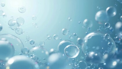 Poster - Illustration of water droplets and bubbles. Clean, transparent liquid, light blue background. Fresh, pure design element. Great for health, beauty, science, cosmetic product demonstration.