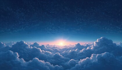 Wall Mural - night sky illustration with clouds, stars, space glow. dark blue color palette, bright sun. dreamy, 