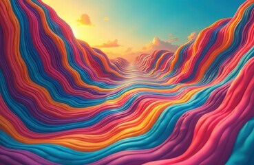 Leinwandbilder - Illustration presents psychedelic waves with retro 70s vibe colors. Abstract fun music cover in vibrant hallucinogen style, flowing through a dreamy landscape at sunset.
