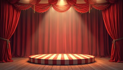 Aufkleber - Empty circus stage illustration with red curtains, striped platform, lights. Theatre interior, wooden floor. Spotlights illuminate round stage. Entertainment concept background. Carnival festive