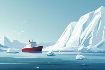 Poster - Icebergs and a ship navigate calm waters near a distant mountain range in polar environment during clear weather. Generative AI