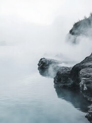 Poster - Relaxation at a serene hot spring with steam rising above rocky edges during a tranquil morning. Generative AI