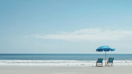 Aufkleber - Relaxing beach lounge chairs under a blue umbrella with calm waves and clear sky creating a serene vacation atmosphere. Generative AI
