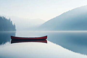 Fototapete - Calm lake at dawn featuring a lone kayak reflecting serene mountains and trees. Generative AI